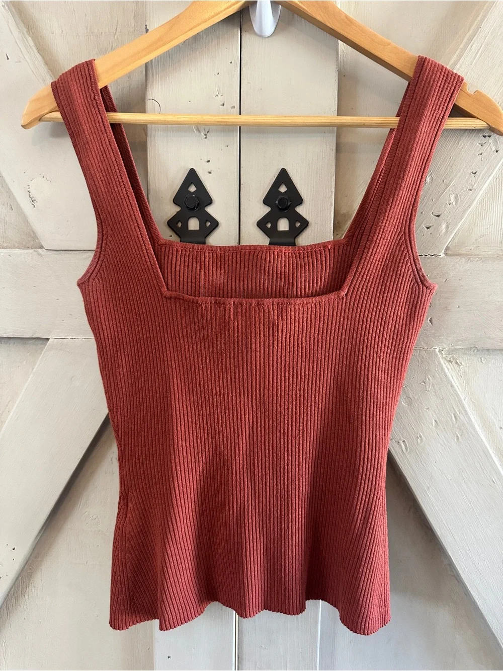 H&M Ribbed Knit Tank Top Medium Rust Terracotta Square Neck Sleeveless - Picture 4 of 5